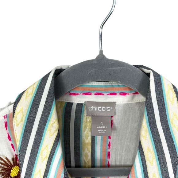 Chico's Womens‎ Beaded Embellished Floral Top Shirt Embroidered Striped Fringe 0 - Picture 3 of 6